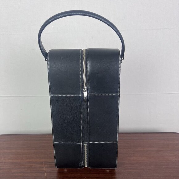 VTG Fossil Leather 2‎ Bottles Wine Travel Bag Case Leather Purse Handle Zipper - Picture 4 of 8